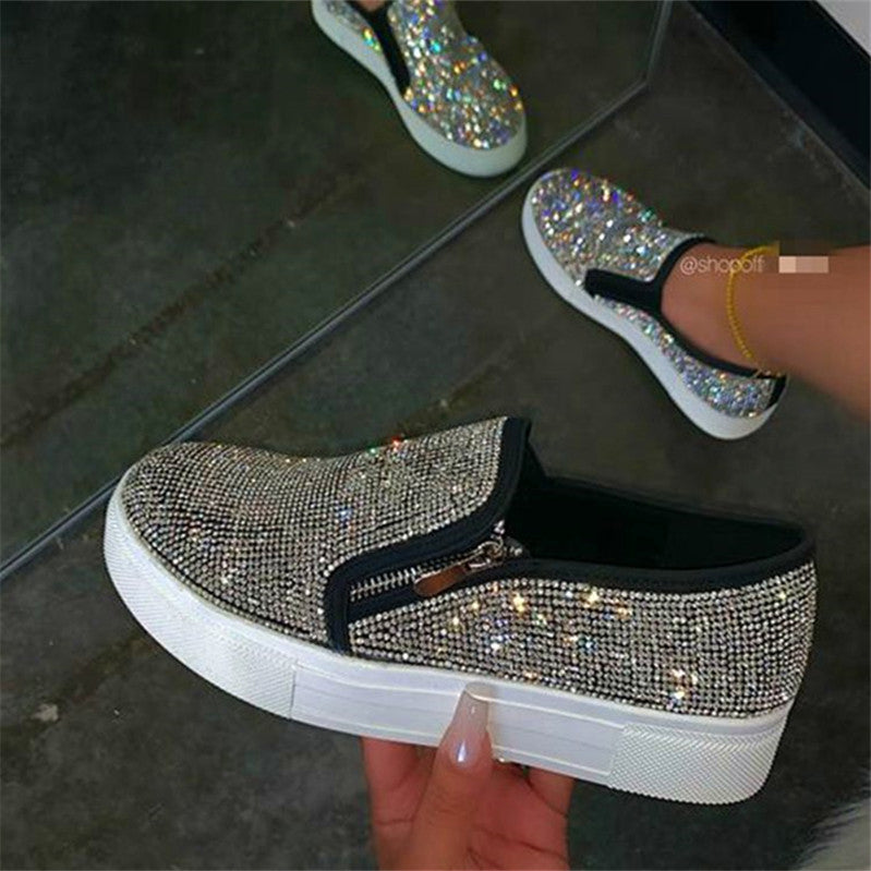 Loafers Women's Rhinestone Shoes Casual Round Toe Side Zipper Flats Shoes