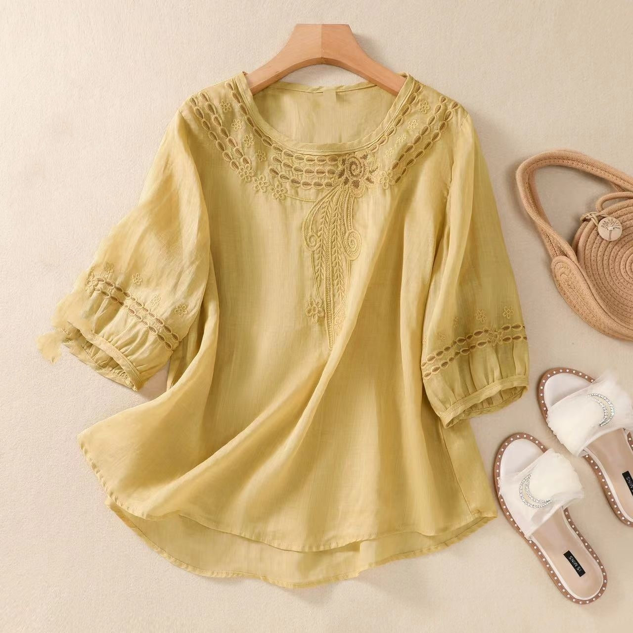 Vintage Cotton and Linen Embroidered Shirt - 3/4 Sleeve Summer Casual Top for Women