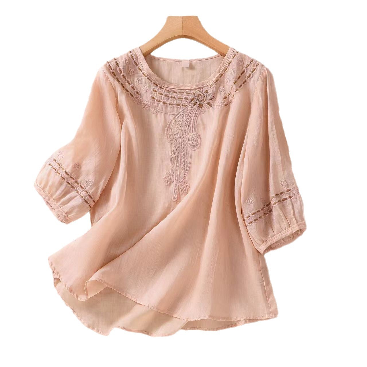 Vintage Cotton and Linen Embroidered Shirt - 3/4 Sleeve Summer Casual Top for Women
