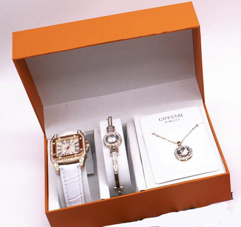 Women’s Leather Strap Wrist Watch Gift Set – Includes Watch, Bracelet & Necklace – Elegant Fashion Set