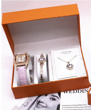 Women’s Leather Strap Wrist Watch Gift Set – Includes Watch, Bracelet & Necklace – Elegant Fashion Set
