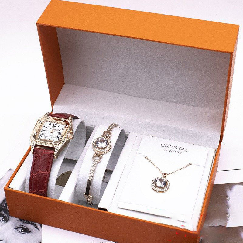 Women’s Leather Strap Wrist Watch Gift Set – Includes Watch, Bracelet & Necklace – Elegant Fashion Set