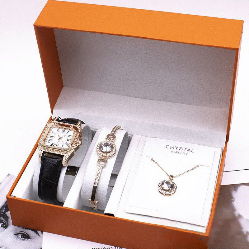 Women’s Leather Strap Wrist Watch Gift Set – Includes Watch, Bracelet & Necklace – Elegant Fashion Set