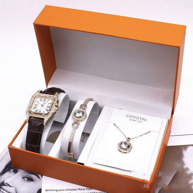 Women’s Leather Strap Wrist Watch Gift Set – Includes Watch, Bracelet & Necklace – Elegant Fashion Set