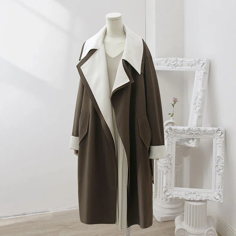 Double-Layer Collar Fake Two-Piece Long Sleeve Overcoat - Dark Gray Green Polyester Coat for Women