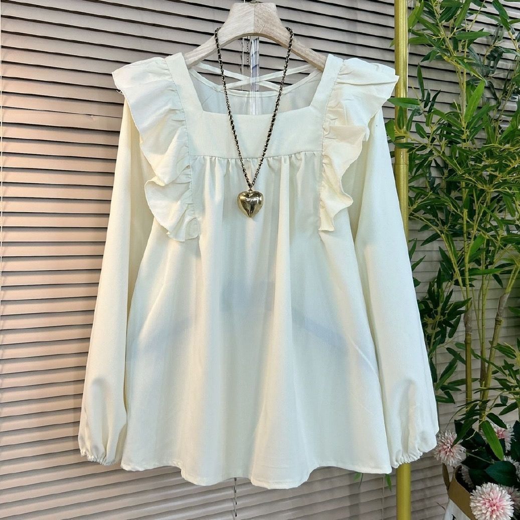 Plus Size Ruffled Square Collar Pullover Shirt for Women – Korean Style Long Sleeve Top (XL-6XL)