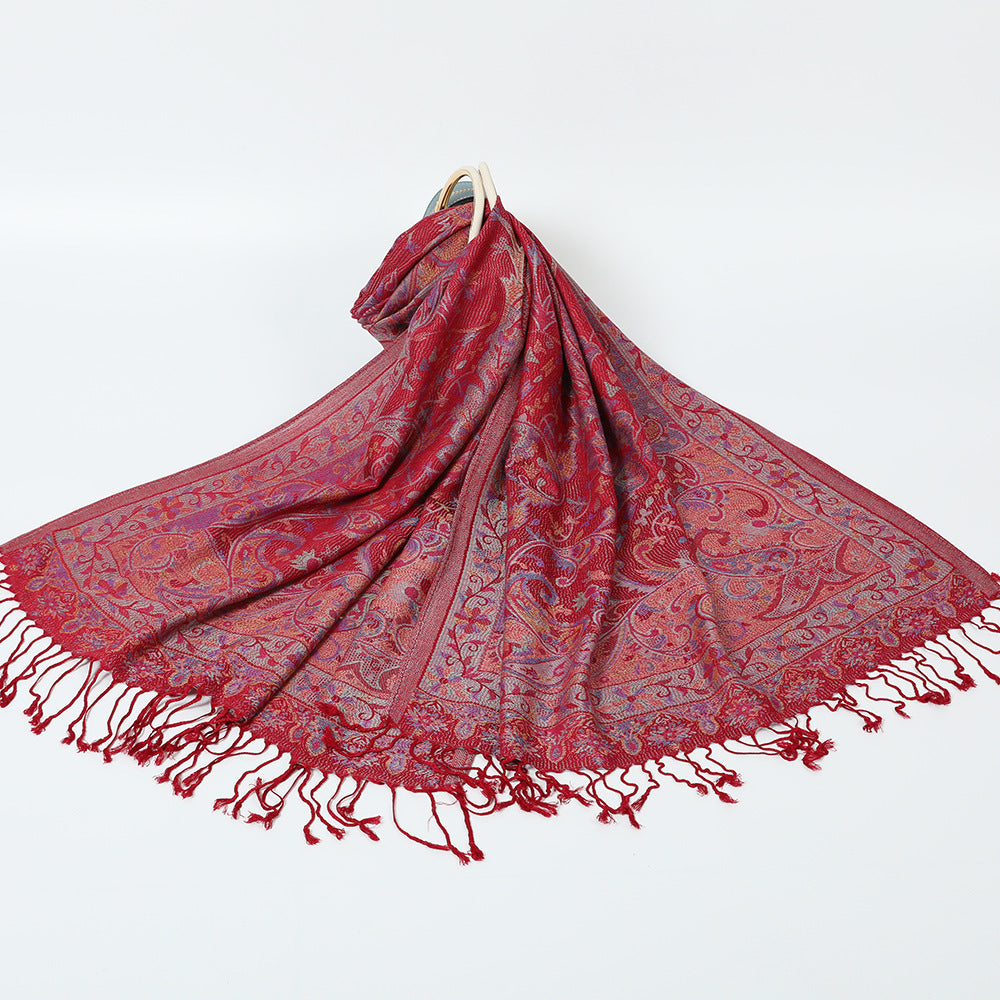 Ethnic Style Jacquard Cashew Tassel Shawl – Retro Cotton scarf for All Seasons