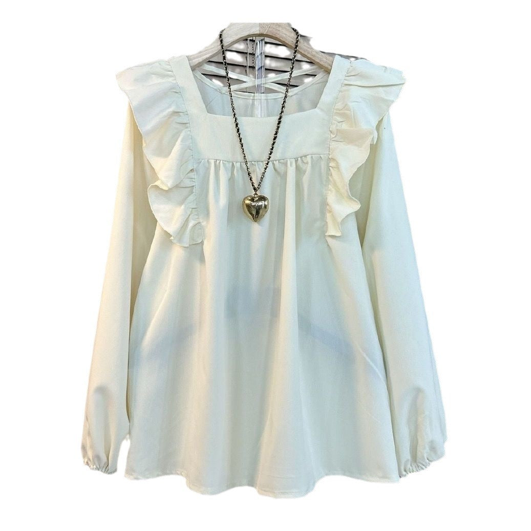 Plus Size Ruffled Square Collar Pullover Shirt for Women – Korean Style Long Sleeve Top (XL-6XL)