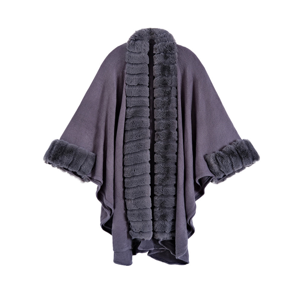 Classic Oversized Knit Coat with Artificial Rabbit Fur Collar – Elegant Pullover Cloak for Winter Warmth