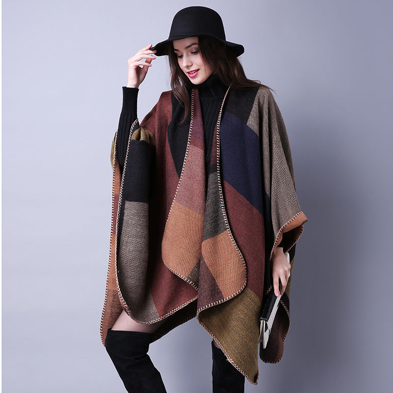 Women's Winter Plaid Scarf – Oversized Imitation Cashmere Shawl Cloak, Multi-Style Wrap