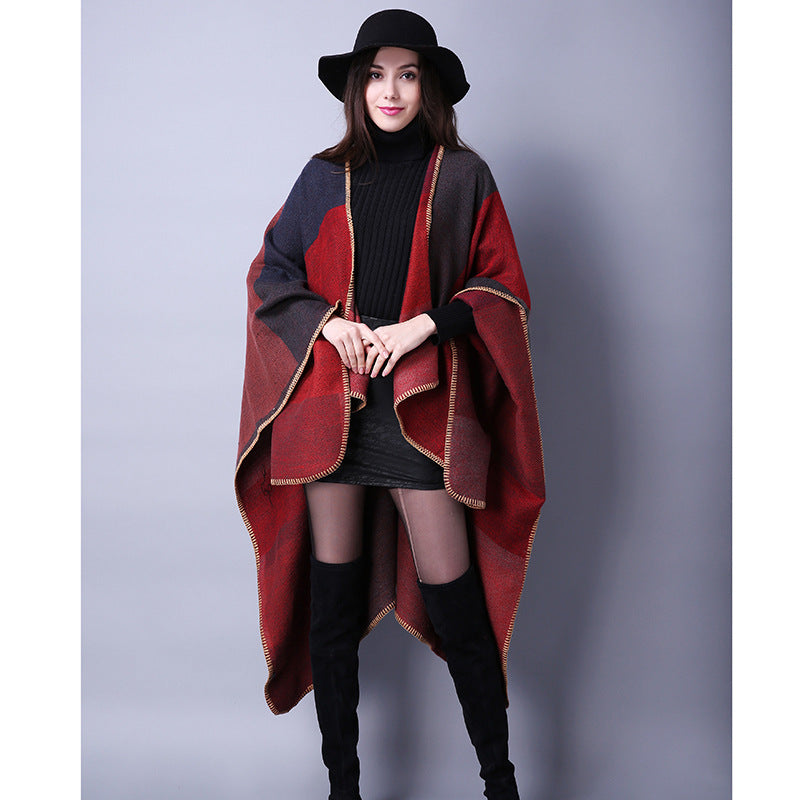Women's Winter Plaid Scarf – Oversized Imitation Cashmere Shawl Cloak, Multi-Style Wrap