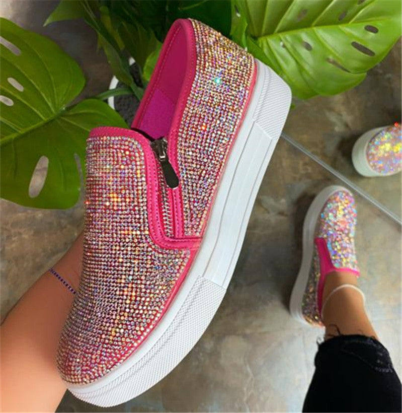Loafers Women's Rhinestone Shoes Casual Round Toe Side Zipper Flats Shoes