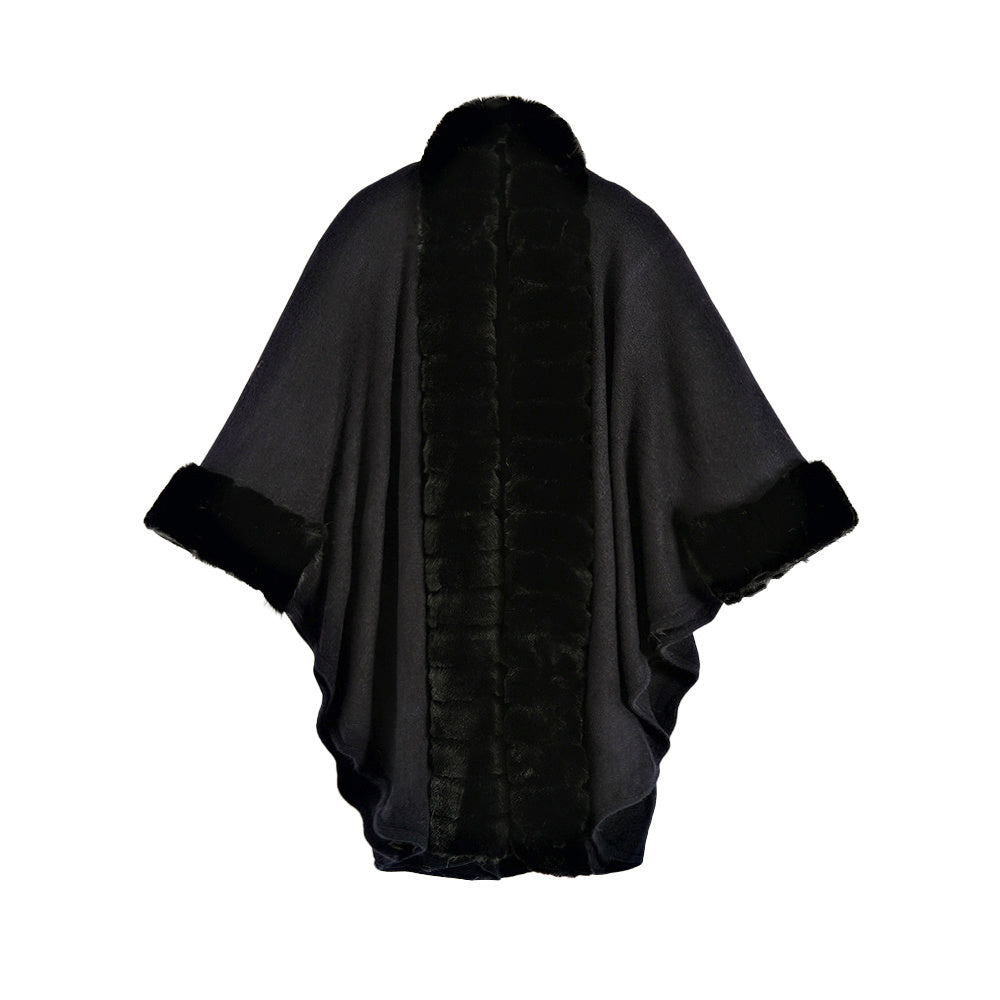 Classic Oversized Knit Coat with Artificial Rabbit Fur Collar – Elegant Pullover Cloak for Winter Warmth