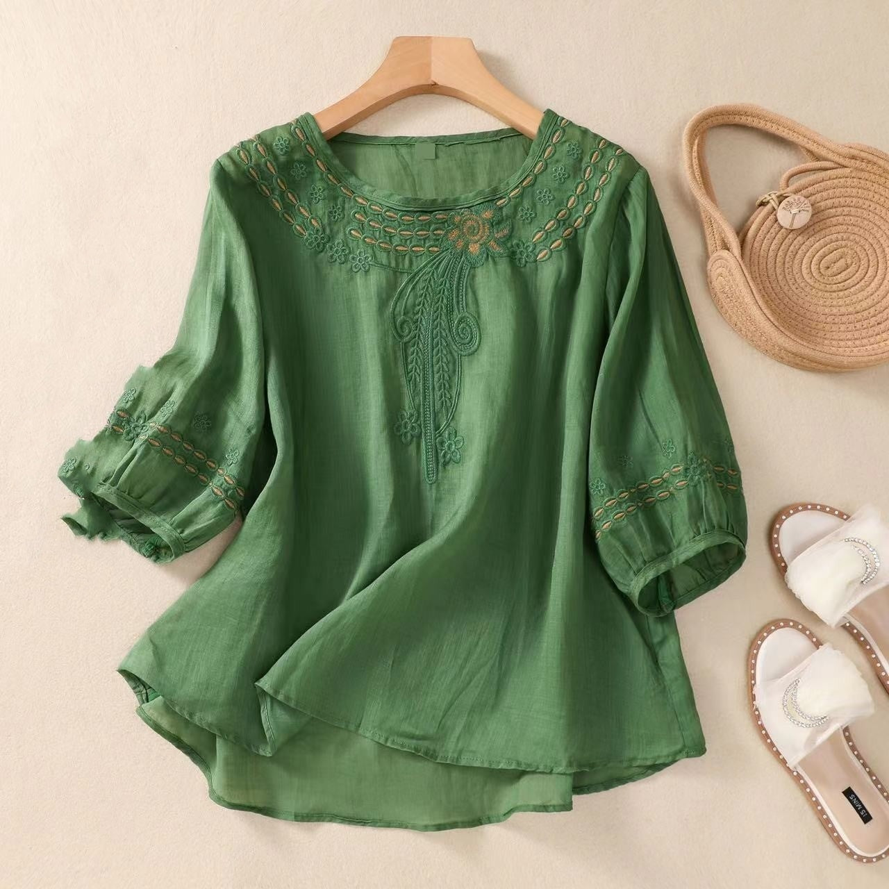 Vintage Cotton and Linen Embroidered Shirt - 3/4 Sleeve Summer Casual Top for Women