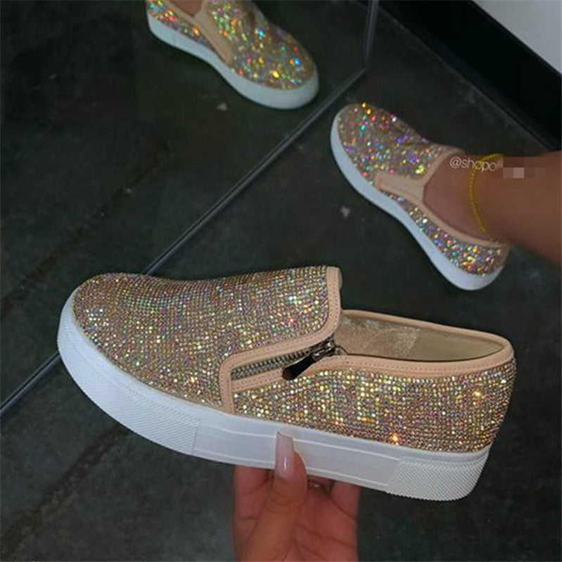 Loafers Women's Rhinestone Shoes Casual Round Toe Side Zipper Flats Shoes