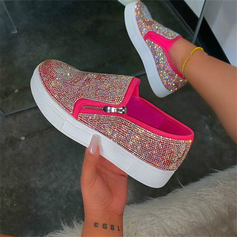 Loafers Women's Rhinestone Shoes Casual Round Toe Side Zipper Flats Shoes