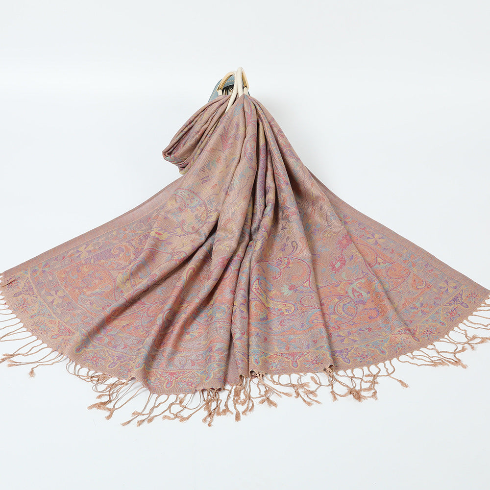 Ethnic Style Jacquard Cashew Tassel Shawl – Retro Cotton scarf for All Seasons