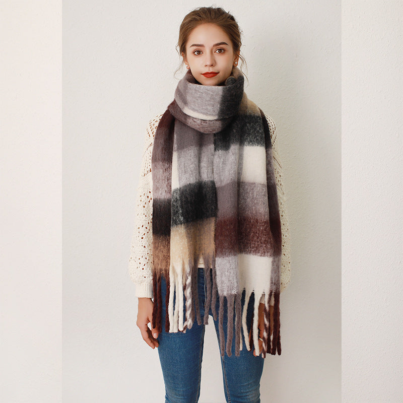 Thickened Mohair-Style Cashmere Scarf for Women – Warm Twill Weave with Tassels, 38x240cm
