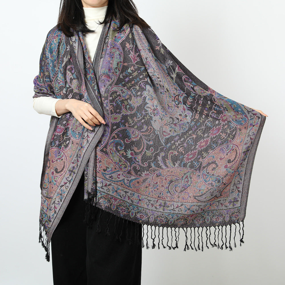 Ethnic Style Jacquard Cashew Tassel Shawl – Retro Cotton scarf for All Seasons