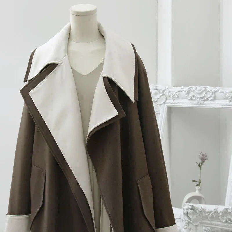 Double-Layer Collar Fake Two-Piece Long Sleeve Overcoat - Dark Gray Green Polyester Coat for Women