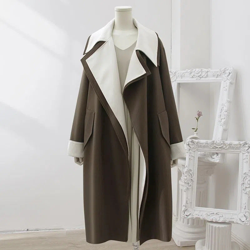 Double-Layer Collar Fake Two-Piece Long Sleeve Overcoat - Dark Gray Green Polyester Coat for Women
