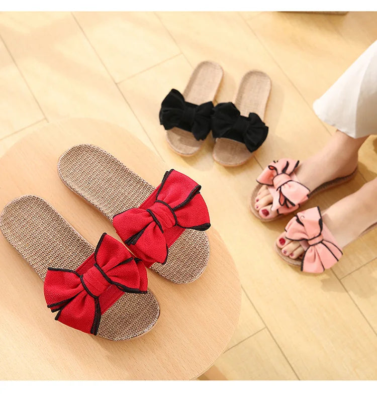 Women’s Casual Slides – Comfortable Slippers with Striped Bow Design – Linen Flip Flops for Ladies – Indoor Shoes