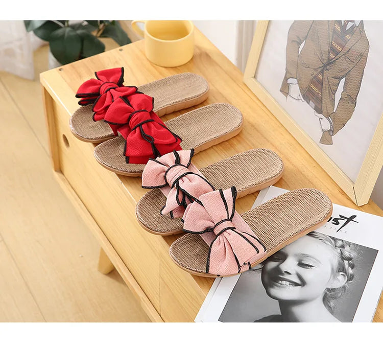 Women’s Casual Slides – Comfortable Slippers with Striped Bow Design – Linen Flip Flops for Ladies – Indoor Shoes