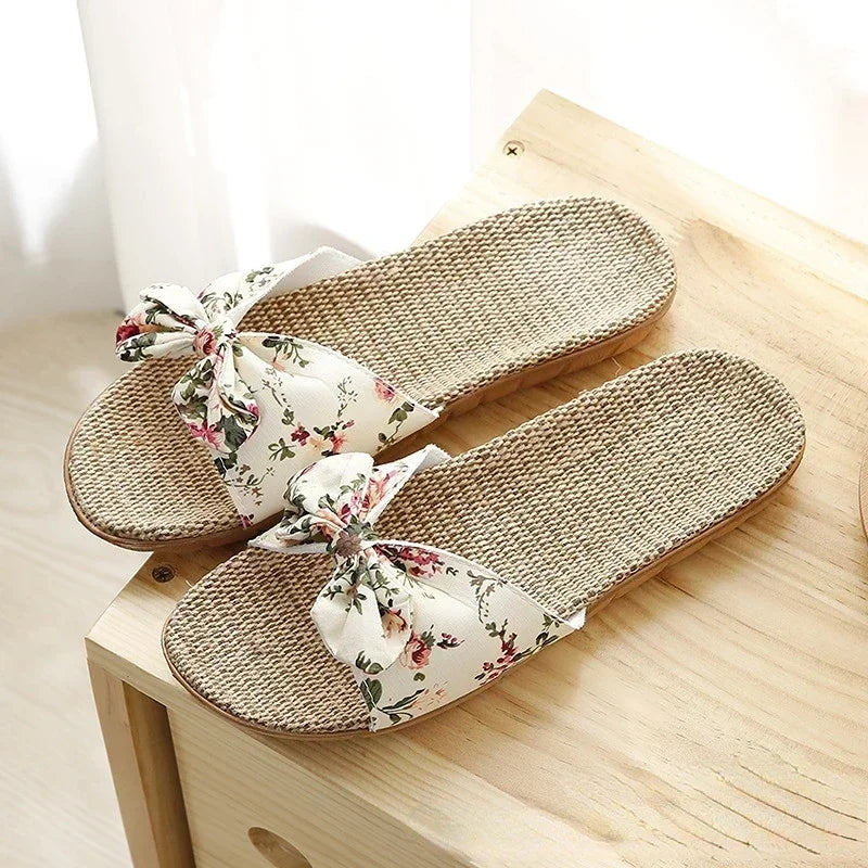 Women’s Casual Slides – Comfortable Slippers with Striped Bow Design – Linen Flip Flops for Ladies – Indoor Shoes