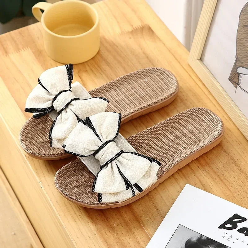 Women’s Casual Slides – Comfortable Slippers with Striped Bow Design – Linen Flip Flops for Ladies – Indoor Shoes