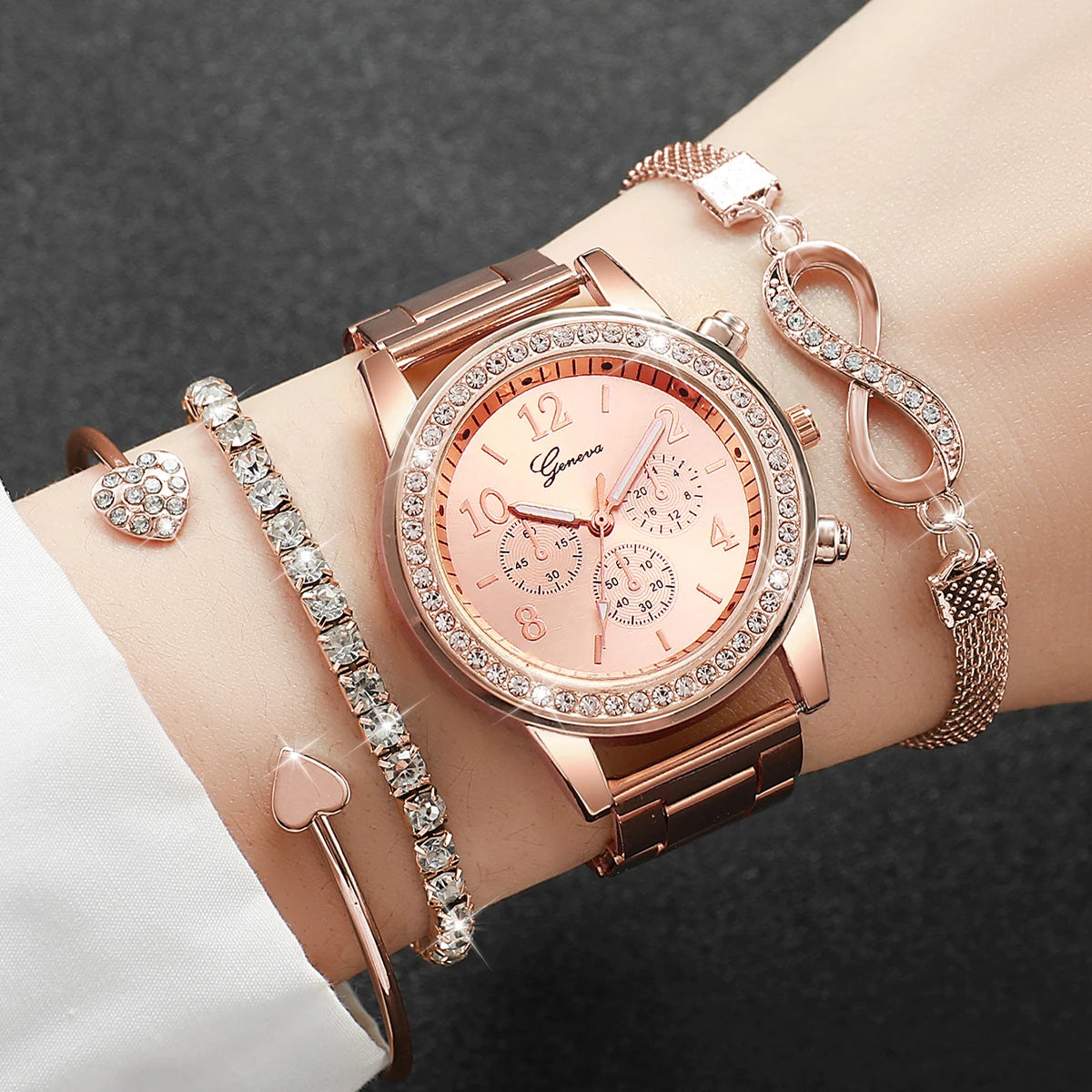 4PCS/Set Fashion Rhinestone Women Watches Luxury Steel Band Ladies Quartz Watch Bracelets Set (Without Box)