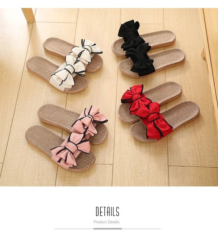 Women’s Casual Slides – Comfortable Slippers with Striped Bow Design – Linen Flip Flops for Ladies – Indoor Shoes