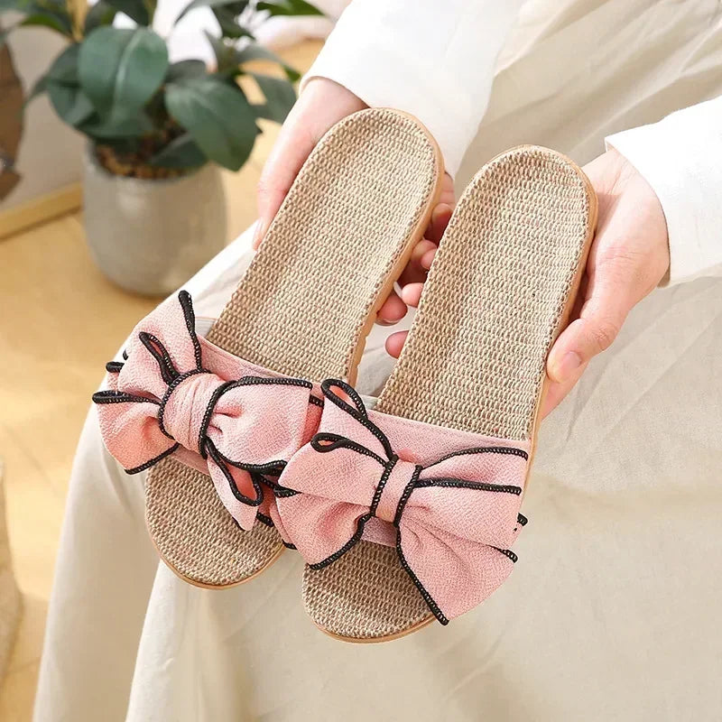 Women’s Casual Slides – Comfortable Slippers with Striped Bow Design – Linen Flip Flops for Ladies – Indoor Shoes