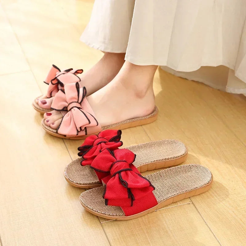 Women’s Casual Slides – Comfortable Slippers with Striped Bow Design – Linen Flip Flops for Ladies – Indoor Shoes