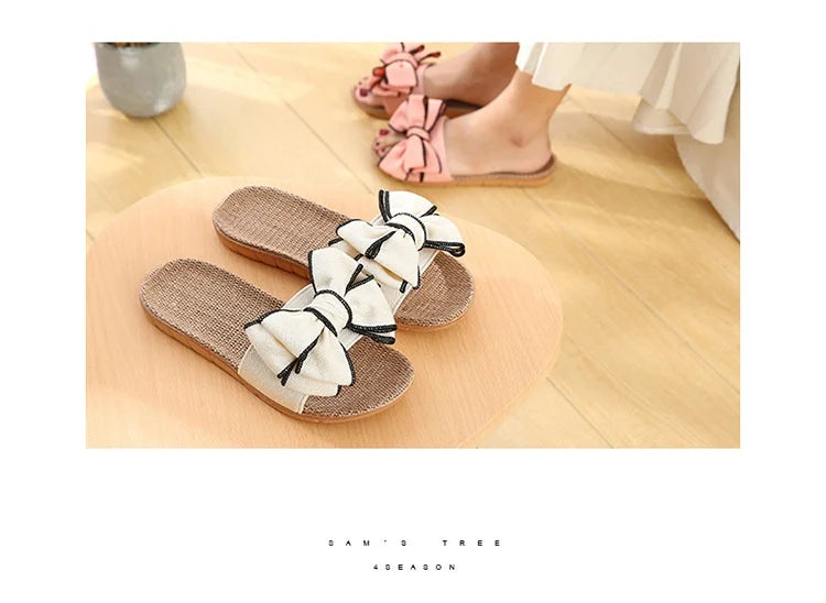 Women’s Casual Slides – Comfortable Slippers with Striped Bow Design – Linen Flip Flops for Ladies – Indoor Shoes