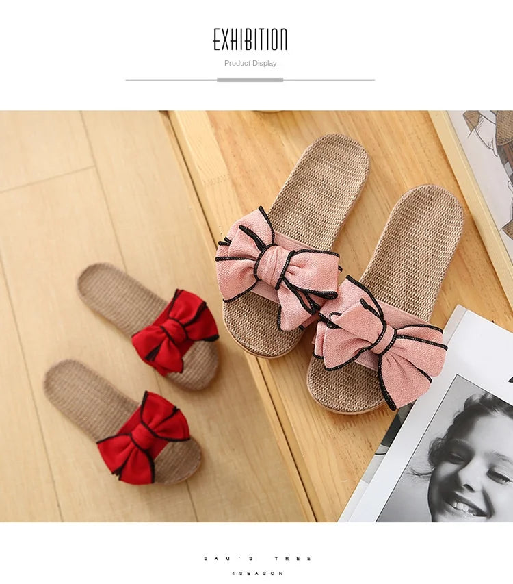 Women’s Casual Slides – Comfortable Slippers with Striped Bow Design – Linen Flip Flops for Ladies – Indoor Shoes