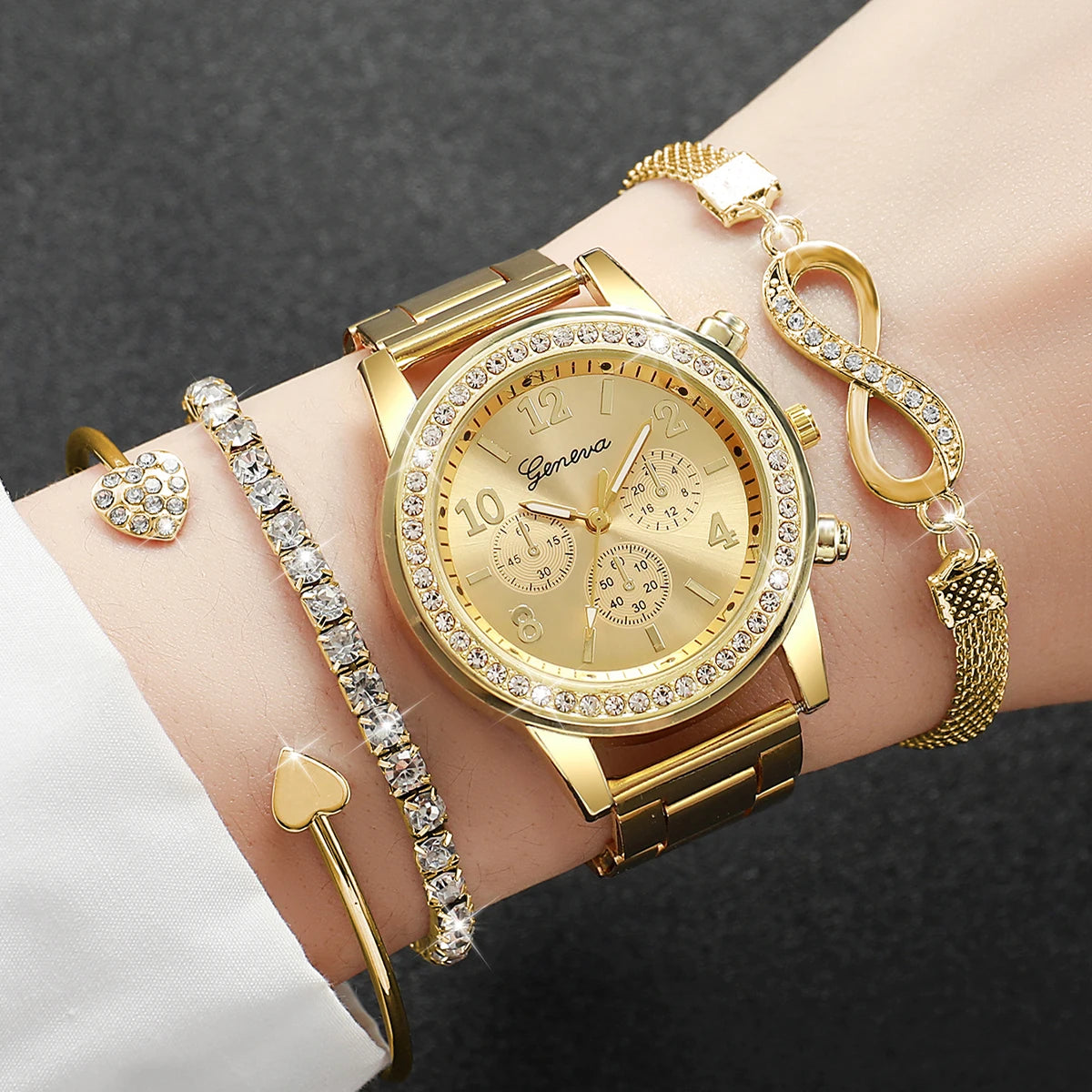 4PCS/Set Fashion Rhinestone Women Watches Luxury Steel Band Ladies Quartz Watch Bracelets Set (Without Box)