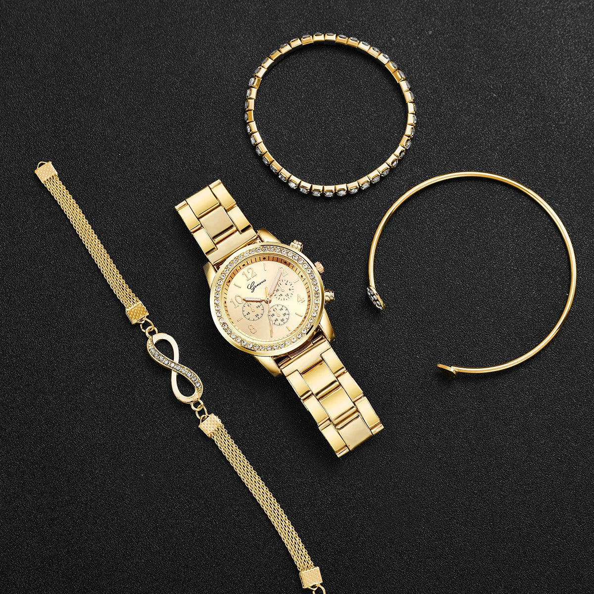 4PCS/Set Fashion Rhinestone Women Watches Luxury Steel Band Ladies Quartz Watch Bracelets Set (Without Box)