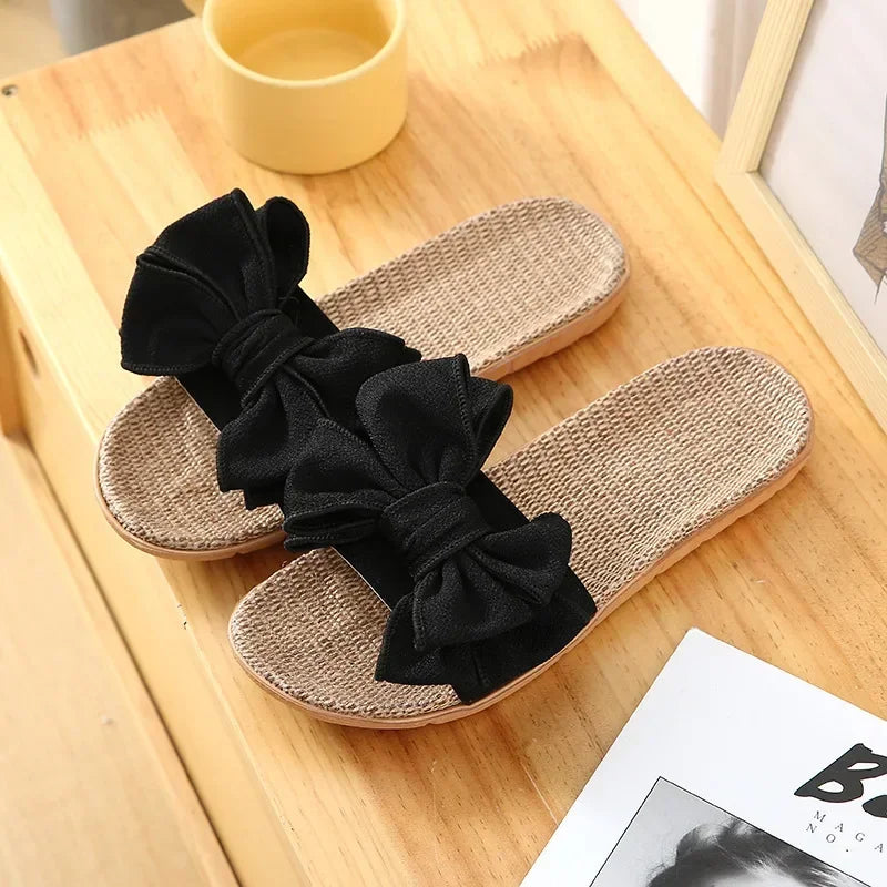 Women’s Casual Slides – Comfortable Slippers with Striped Bow Design – Linen Flip Flops for Ladies – Indoor Shoes