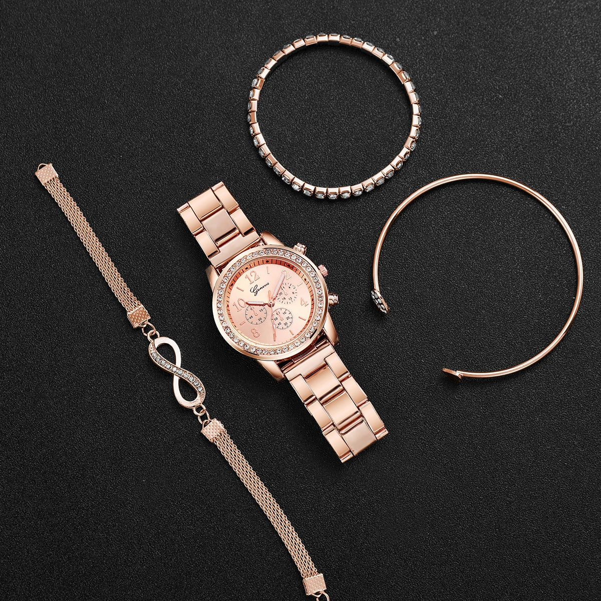 4PCS/Set Fashion Rhinestone Women Watches Luxury Steel Band Ladies Quartz Watch Bracelets Set (Without Box)