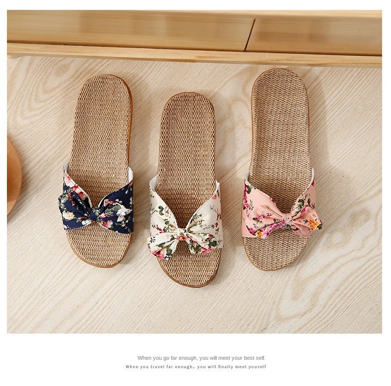 Women’s Casual Slides – Comfortable Slippers with Striped Bow Design – Linen Flip Flops for Ladies – Indoor Shoes