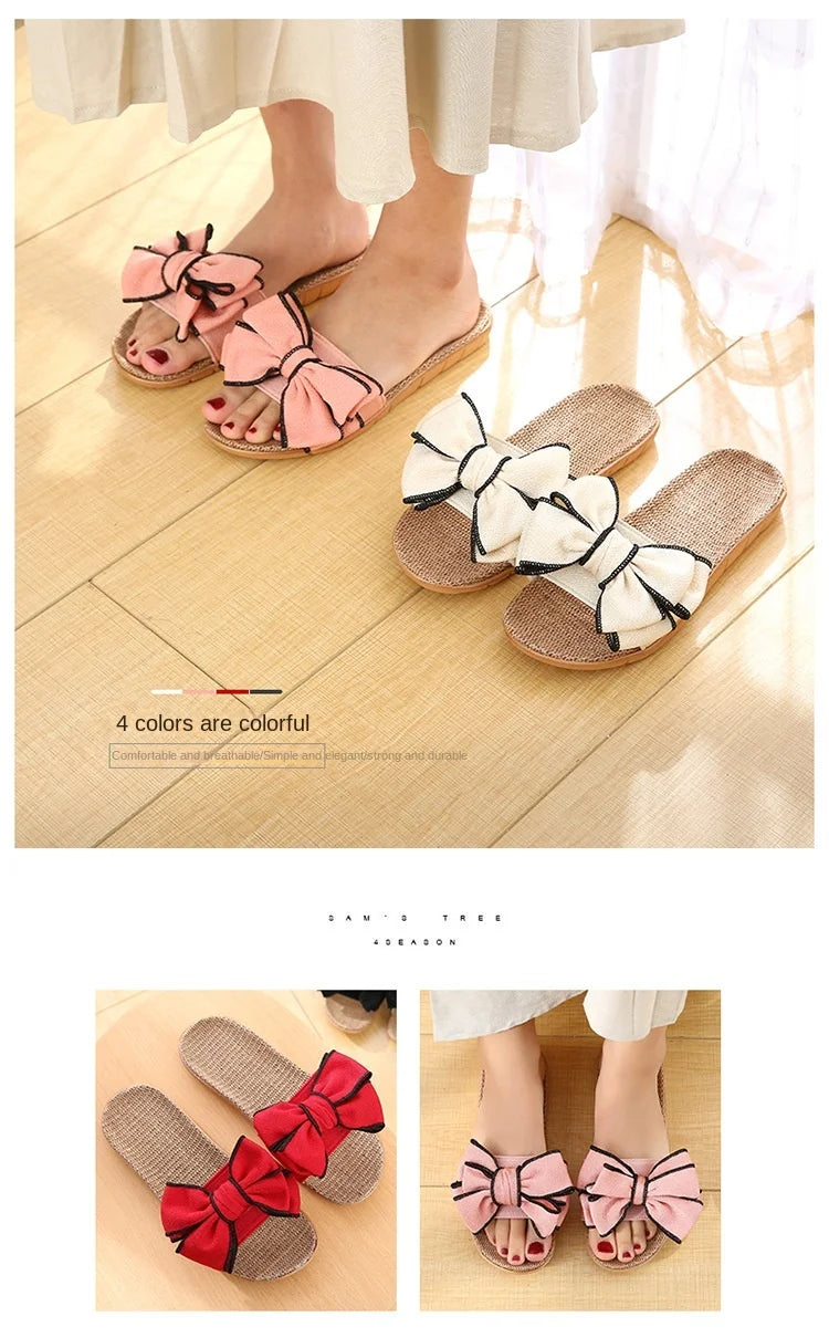 Women’s Casual Slides – Comfortable Slippers with Striped Bow Design – Linen Flip Flops for Ladies – Indoor Shoes