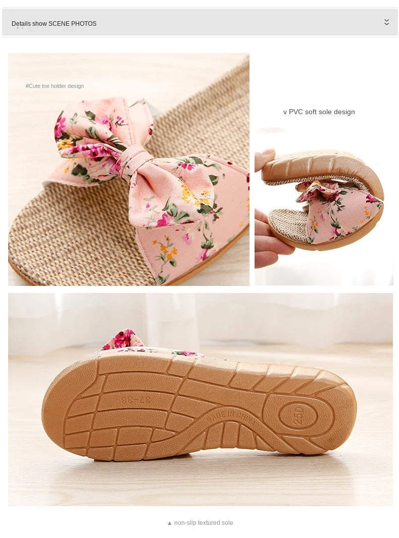 Women’s Casual Slides – Comfortable Slippers with Striped Bow Design – Linen Flip Flops for Ladies – Indoor Shoes