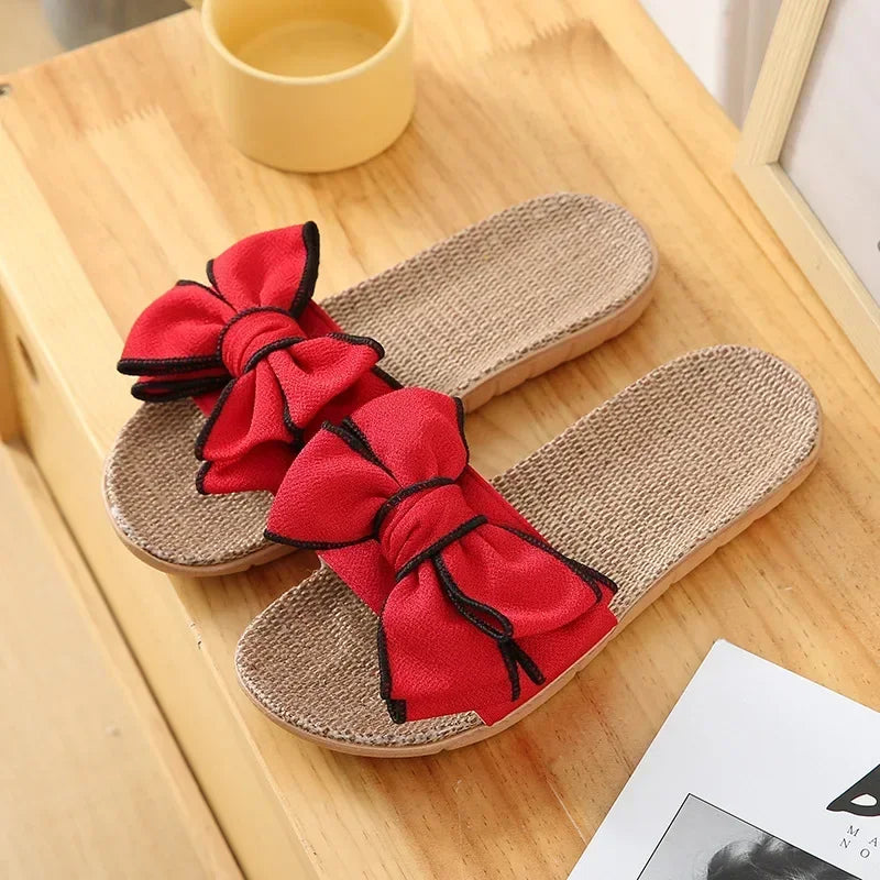 Women’s Casual Slides – Comfortable Slippers with Striped Bow Design – Linen Flip Flops for Ladies – Indoor Shoes