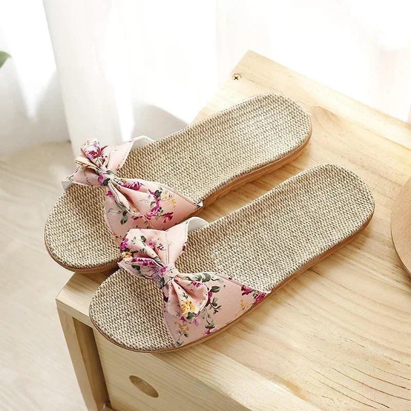 Women’s Casual Slides – Comfortable Slippers with Striped Bow Design – Linen Flip Flops for Ladies – Indoor Shoes