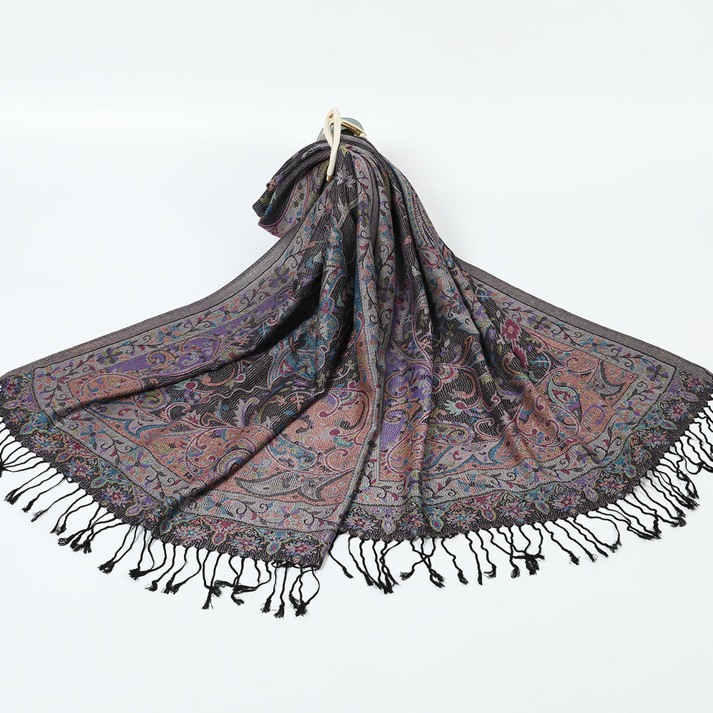 Ethnic Style Jacquard Cashew Tassel Shawl – Retro Cotton scarf for All Seasons