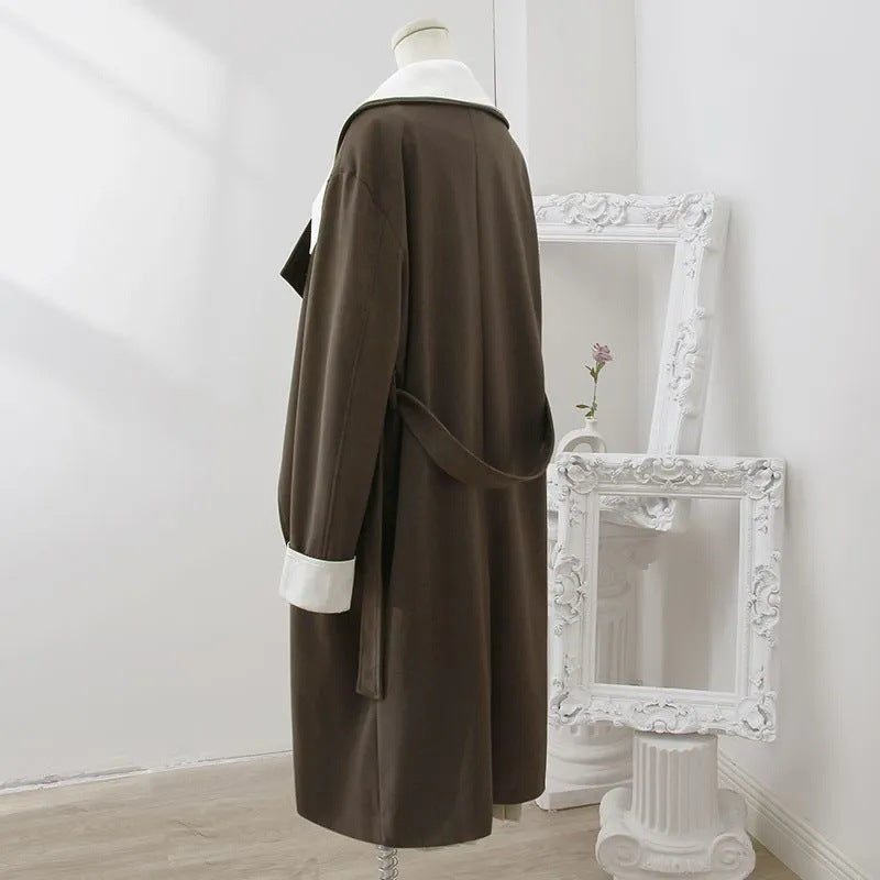 Double-Layer Collar Fake Two-Piece Long Sleeve Overcoat - Dark Gray Green Polyester Coat for Women