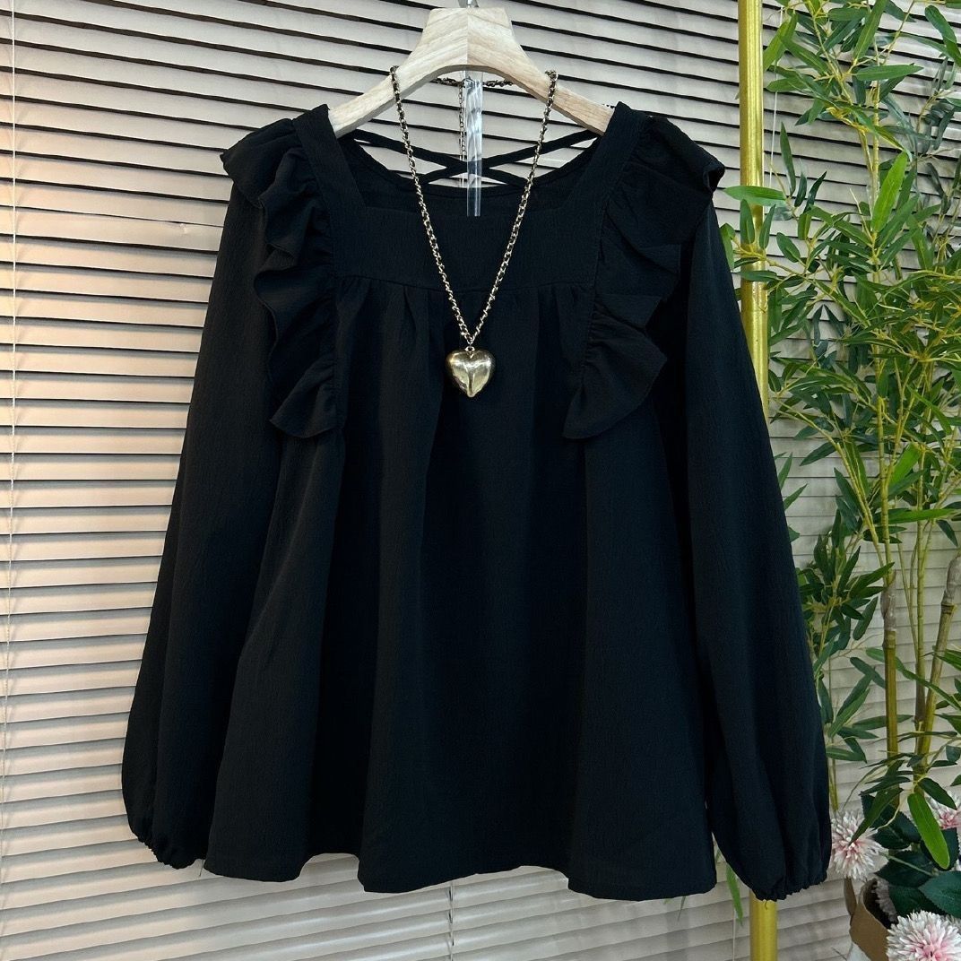 Plus Size Ruffled Square Collar Pullover Shirt for Women – Korean Style Long Sleeve Top (XL-6XL)