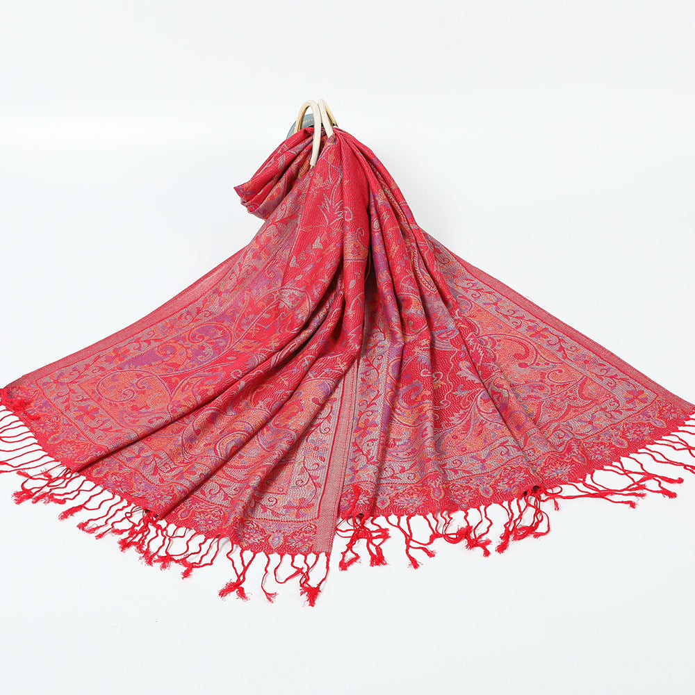 Ethnic Style Jacquard Cashew Tassel Shawl – Retro Cotton scarf for All Seasons