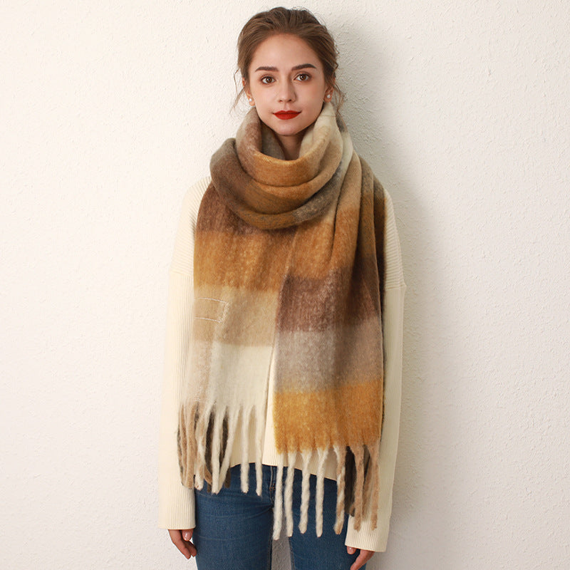 Thickened Mohair-Style Cashmere Scarf for Women – Warm Twill Weave with Tassels, 38x240cm