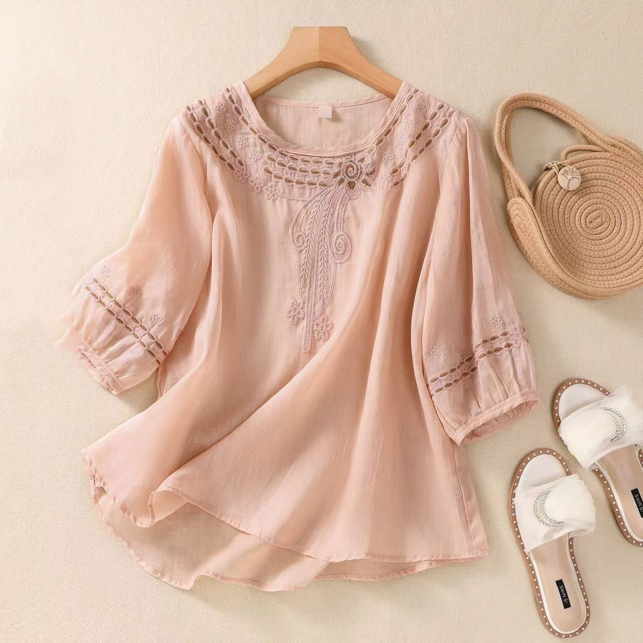 Vintage Cotton and Linen Embroidered Shirt - 3/4 Sleeve Summer Casual Top for Women